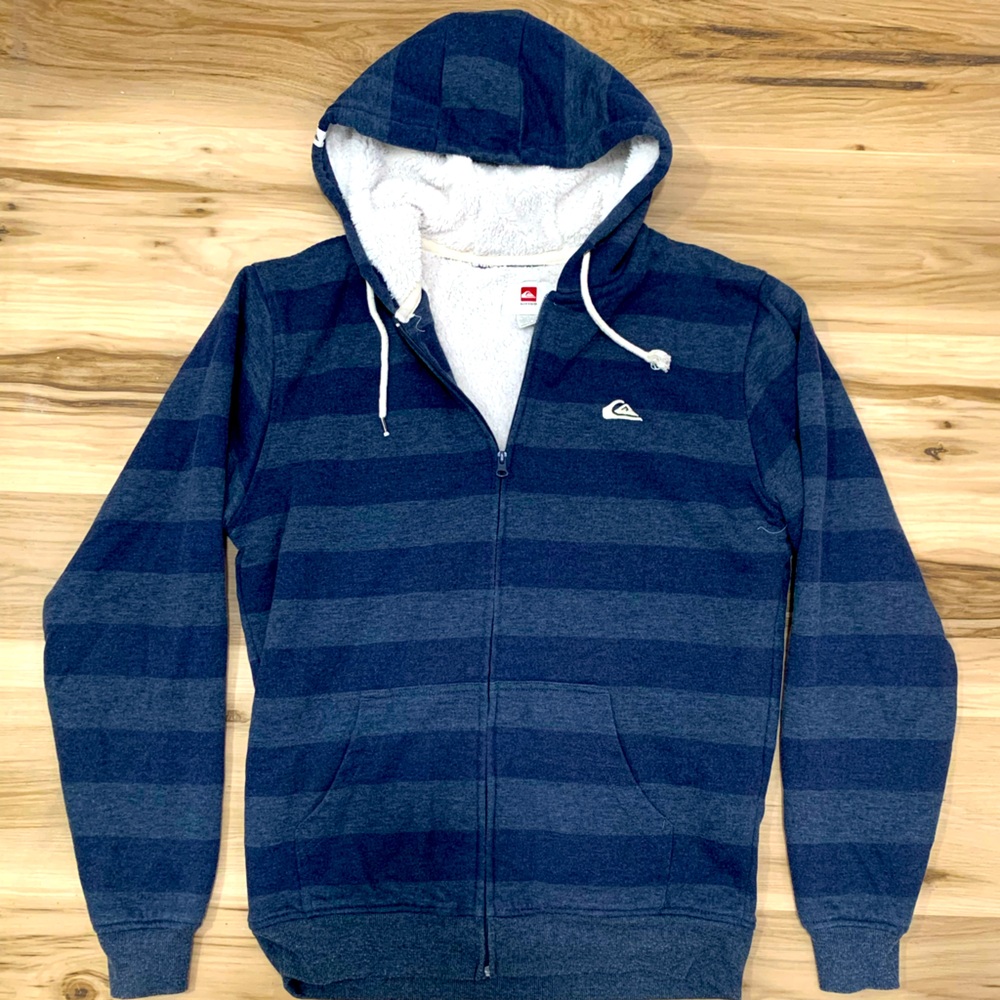 00’s Y2K Quicksilver Striped Blue Zipper Hoodie Size M with Embroidered Logo